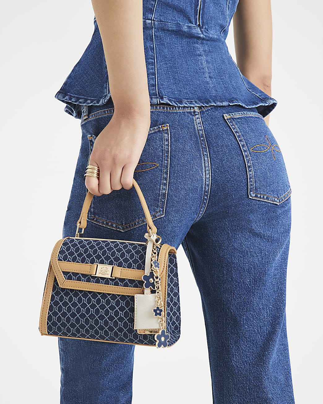 TSV River Island Blue Denim Monogram Mini Cross Body Bag