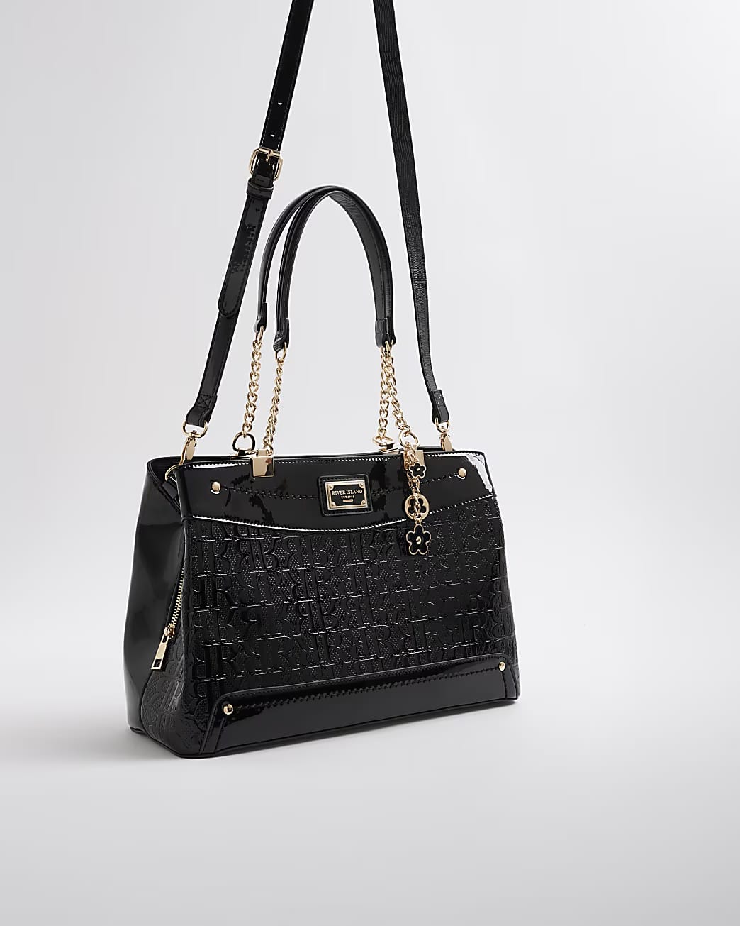 TSV River Island Black Chain Handle Embossed Tote Bag