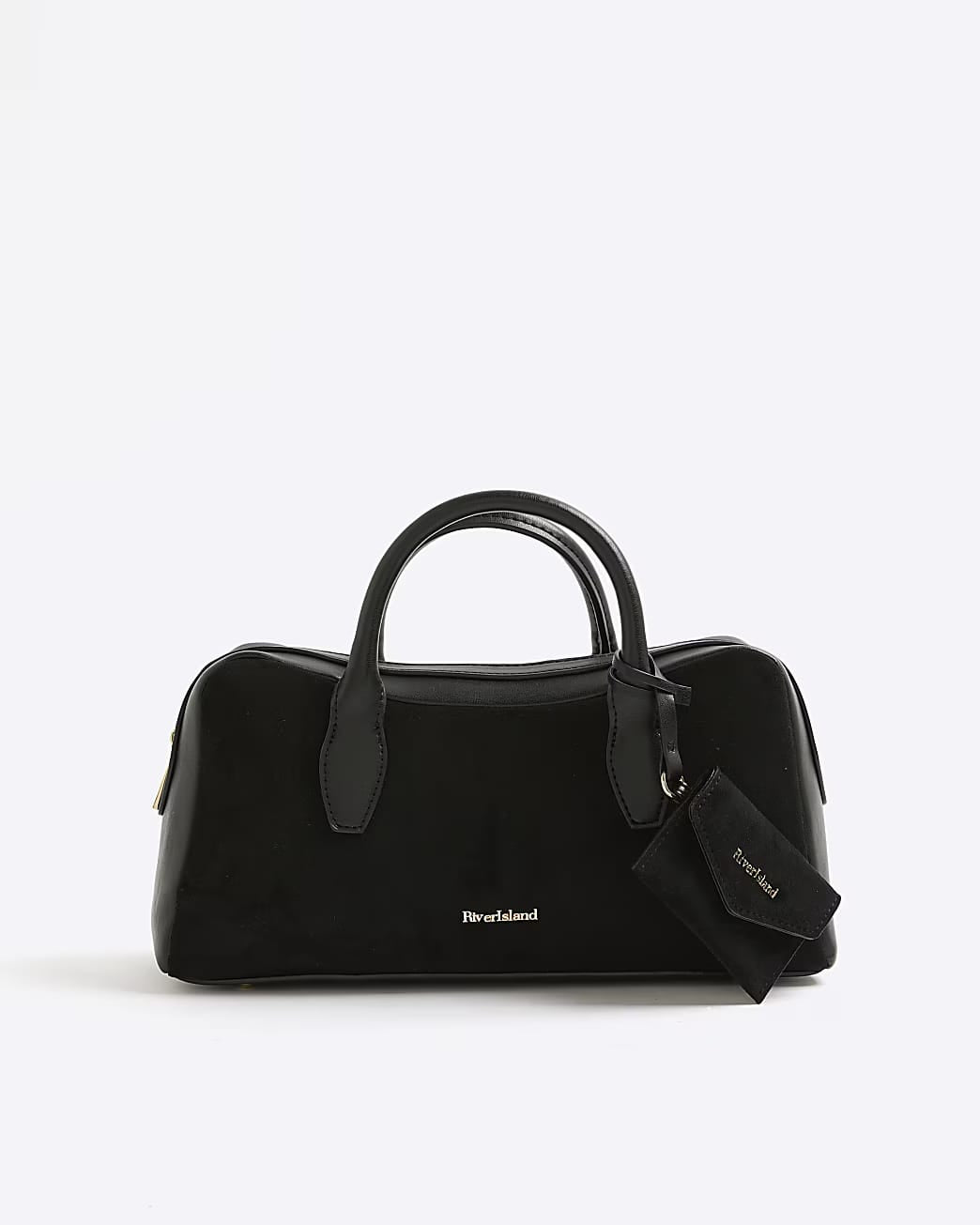 TSV River Island Black Faux Suede Curved Top Bowler Bag