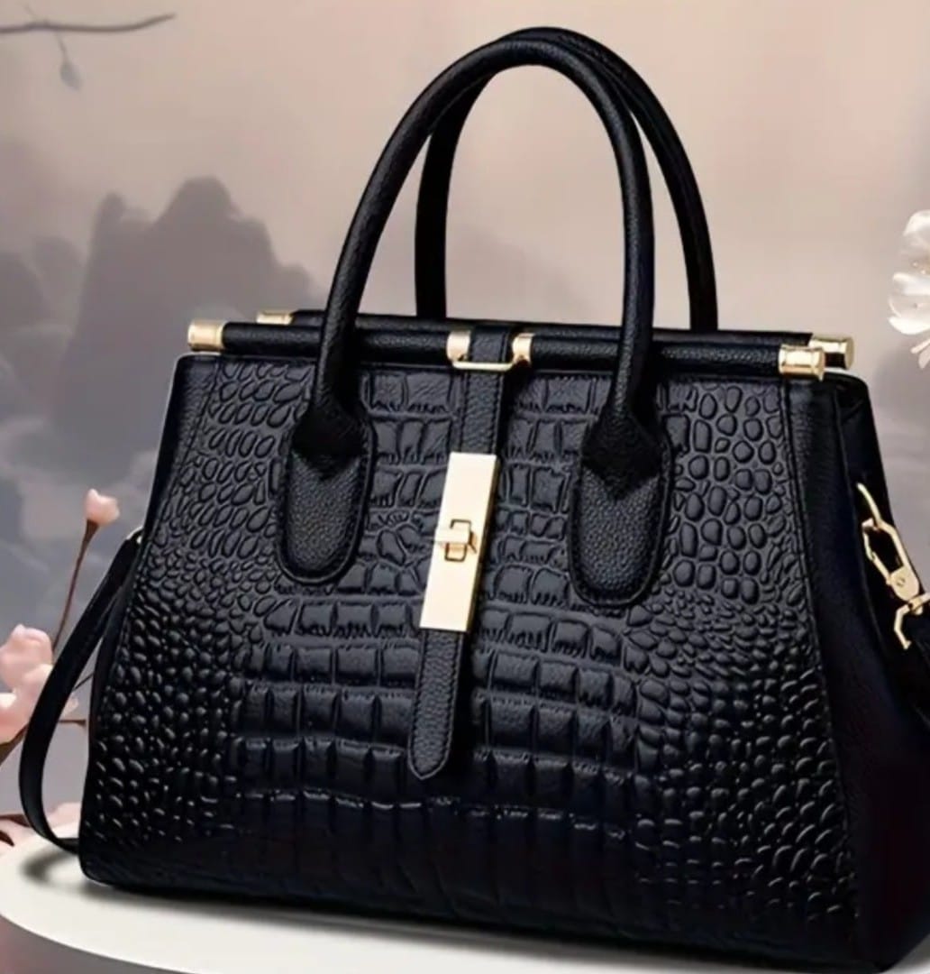 TSV ELEGANT BLACK CROCODILE PETTERNED HANDBAG.